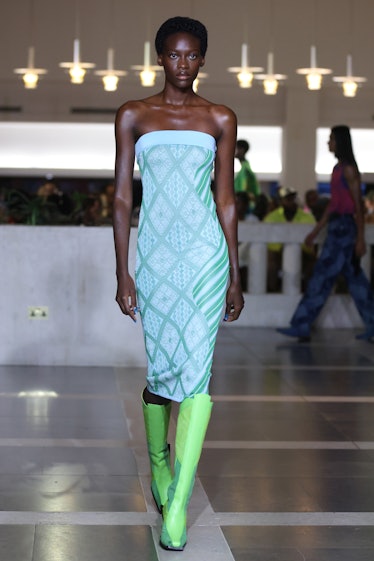 A model walks the runway at the Ahluwalia show during London Fashion Week September 2023 at The Brit...