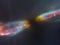 Herbig-Haro object 211 is a protostar with two jets blasting out and mingling with gas and dust in i...
