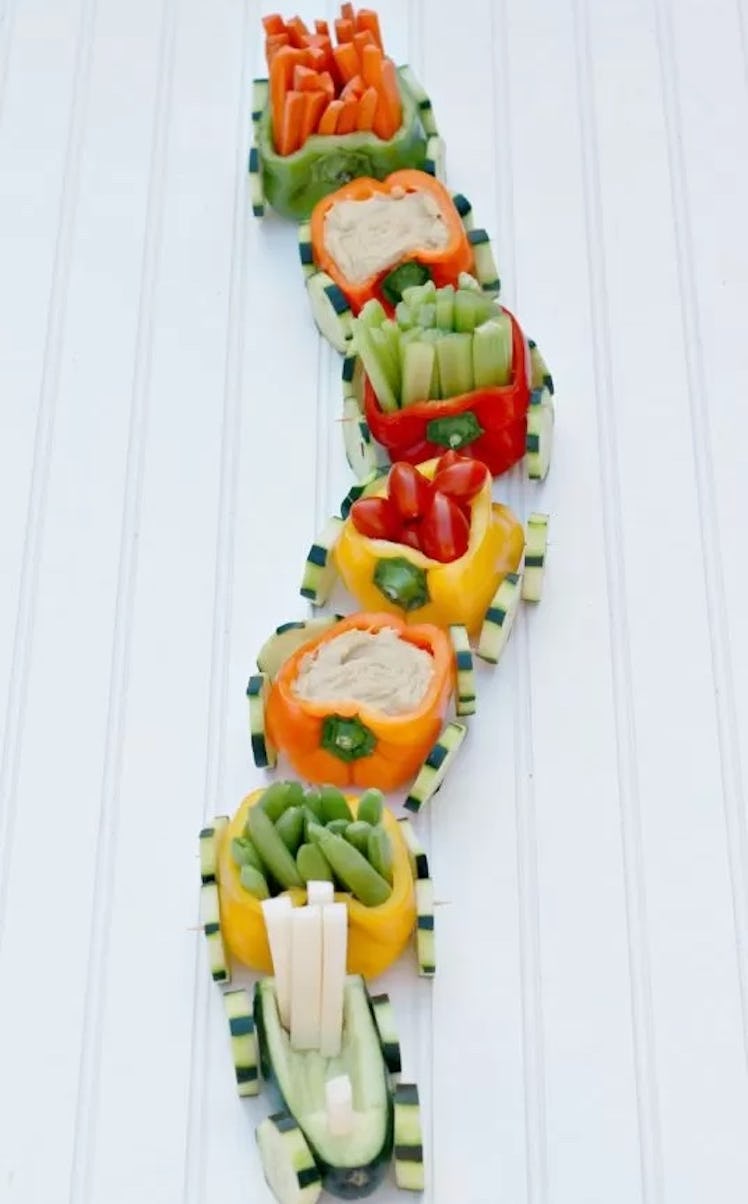 birthday party food idea: veggie train using red peppers and crudites