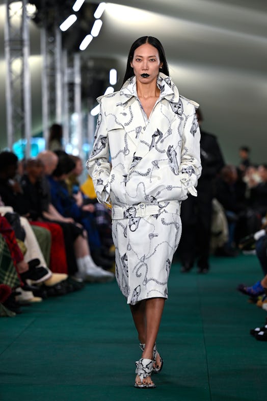 A model walks the runway at the Burberry show during London Fashion Week September 2023 at on Septem...