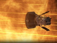 An illustration that depicts the Parker Solar Probe spacecraft confronting the solar wind, illustrat...