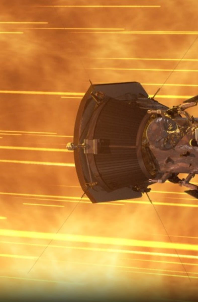 An illustration that depicts the Parker Solar Probe spacecraft confronting the solar wind, illustrat...