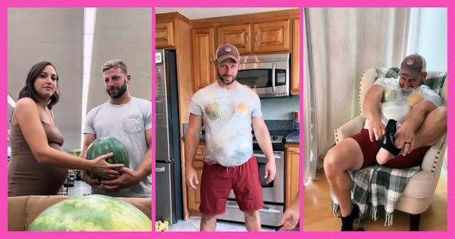 Watch a dad-to-be struggle with everyday tasks after his pregnant wife straps a 20 pound watermelon ...