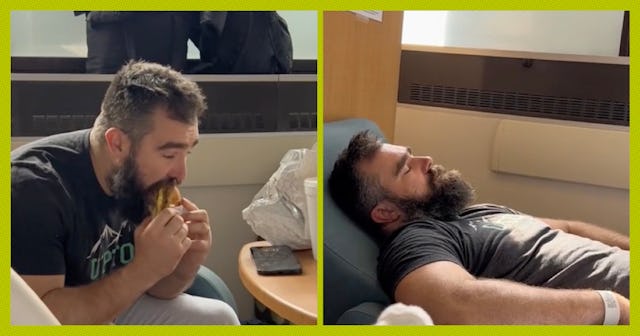 NFL player Jason Kelce went viral a few months back when his wife filmed him eating and sleeping whi...