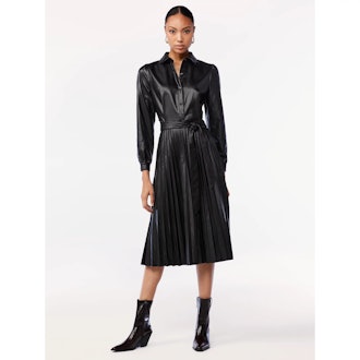 Faux Leather Pleated Shirtdress