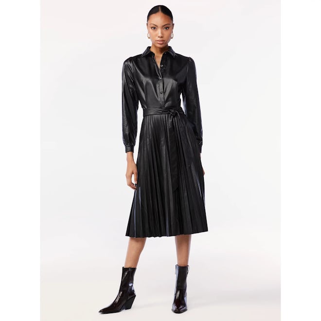 Faux Leather Pleated Shirtdress