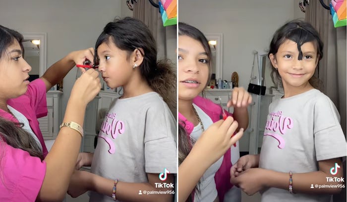 A TikTok of sisters cutting bangs has gone viral. 