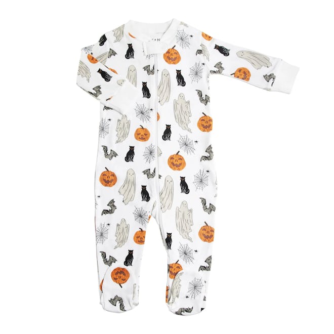 Baby halloween pajamas with ghosts, pumpkins, and spiderwebs