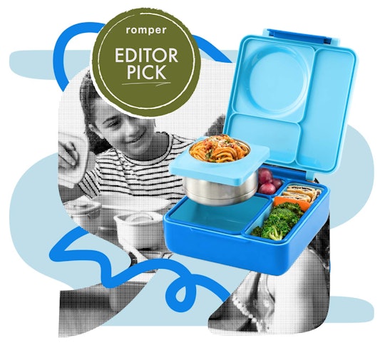 OmieBox lunch box in blue, in a review about why the OmieBox is the best lunch box for kids.