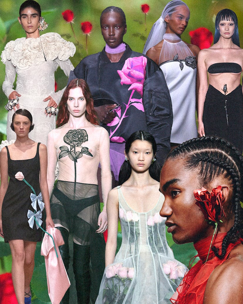 A collage of models wearing long-stem roses at fashion week