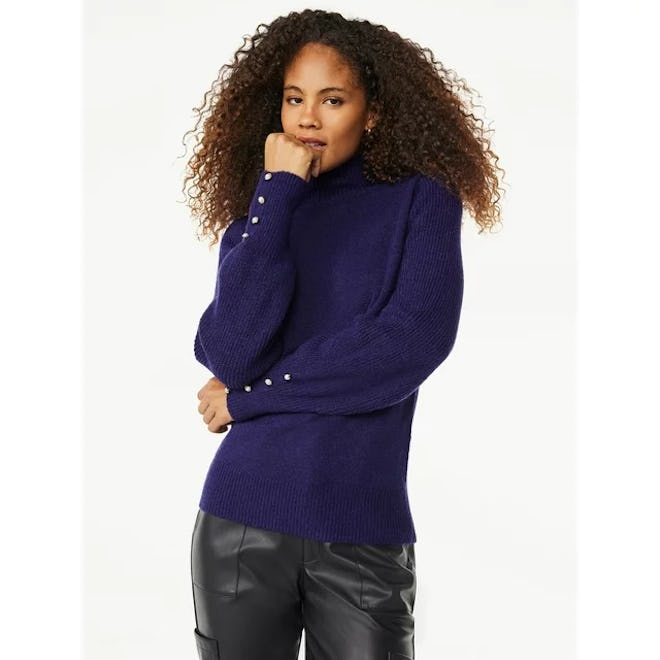  Long Sleeve Turtleneck Sweater with Button Cuffs