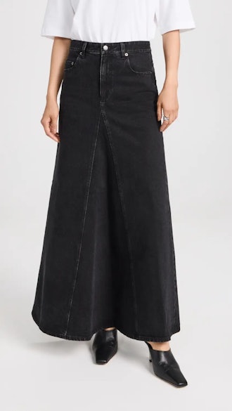 Black Denim Godet Maxi Skirt