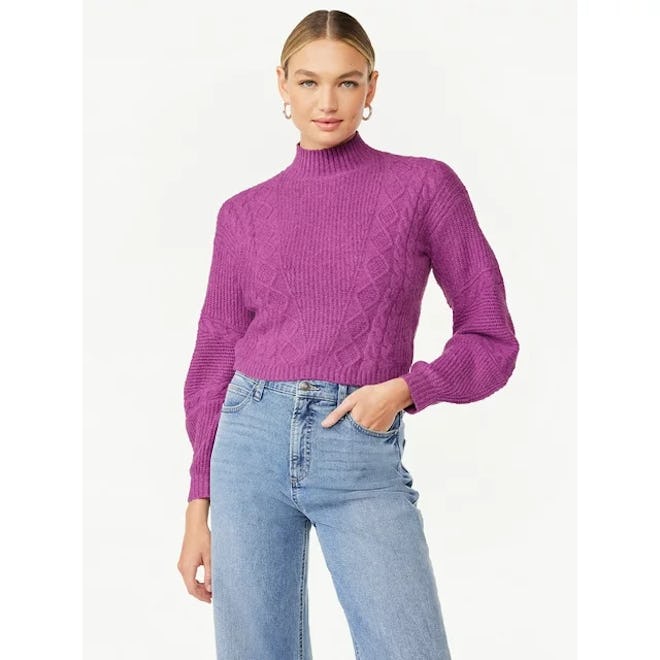 Women's Crop Cable Pullover Sweater with Long Sculpted Sleeves