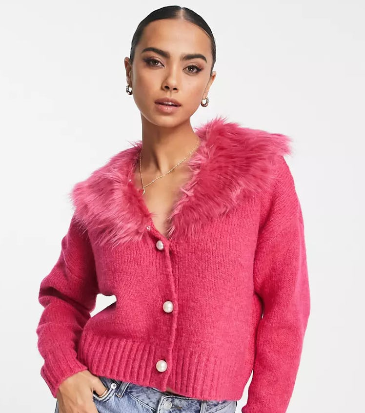River Island faux fur collar cardigan in bright pink