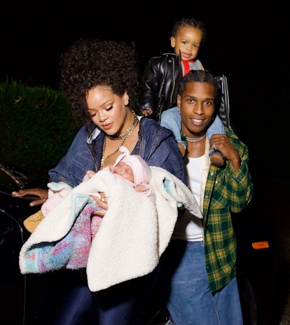 Riot Rose, Rihanna and A$AP Rocky's newborn son, can be seen wearing a pink jumpsuit and Timberlands...