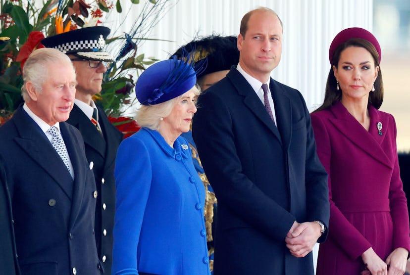 King Charles, Queen Camilla, Prince William, and Kate Middleton at a royal event.