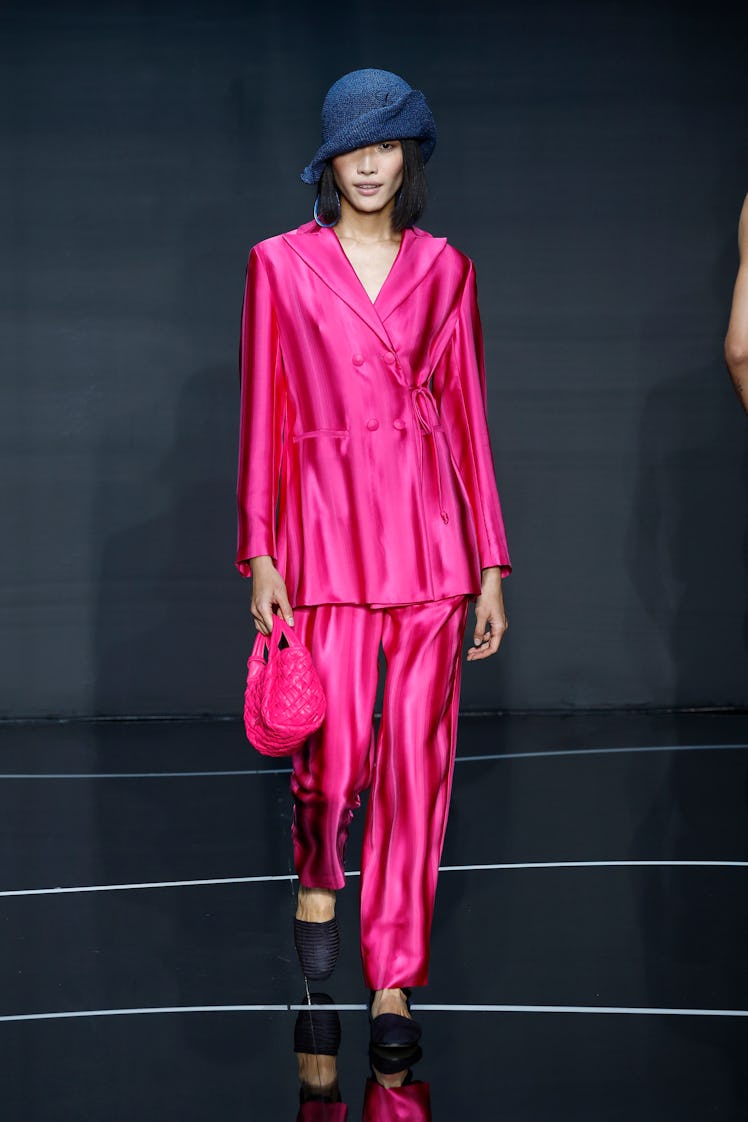 A model walks the runway at the Emporio Armani fashion show during the Milan Fashion Week Womenswear...