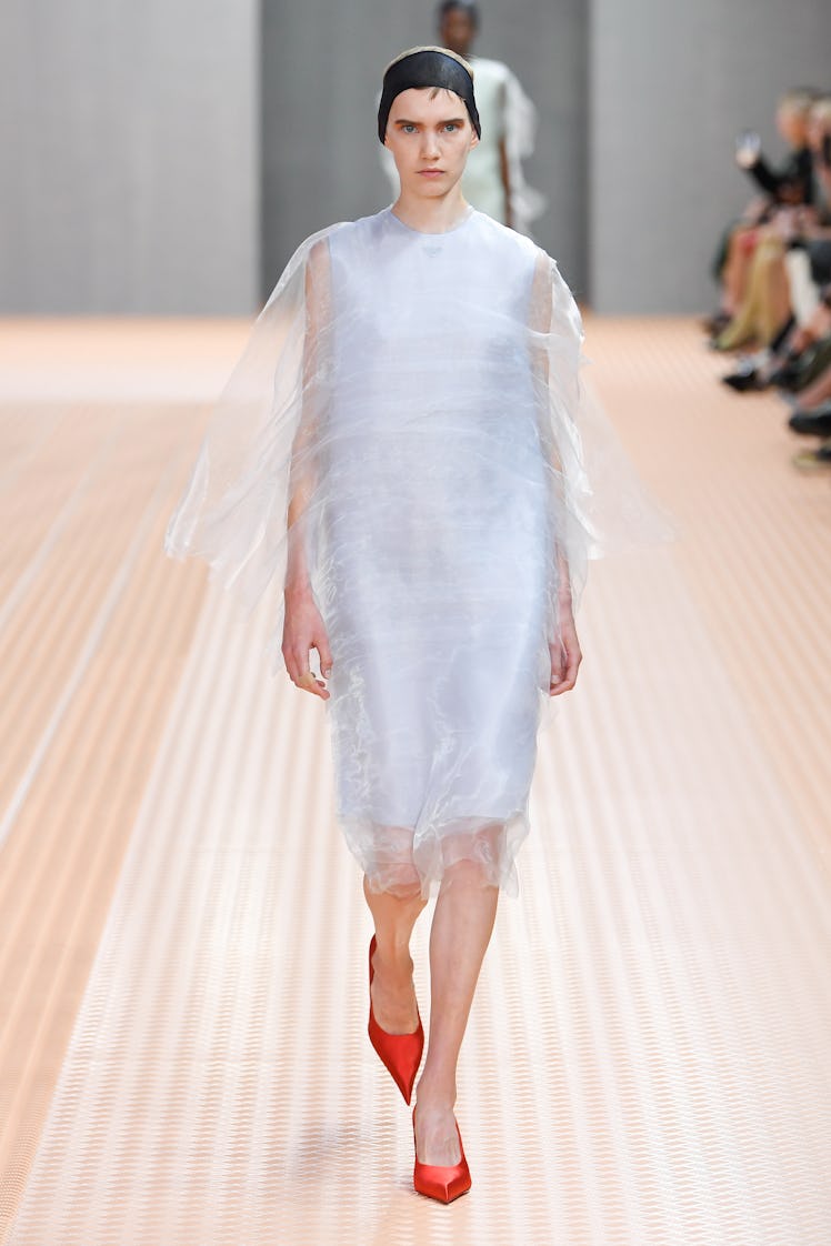 Model on the runway at the Prada Spring 2024 Ready To Wear Fashion Show on September 21, 2023 in Mil...