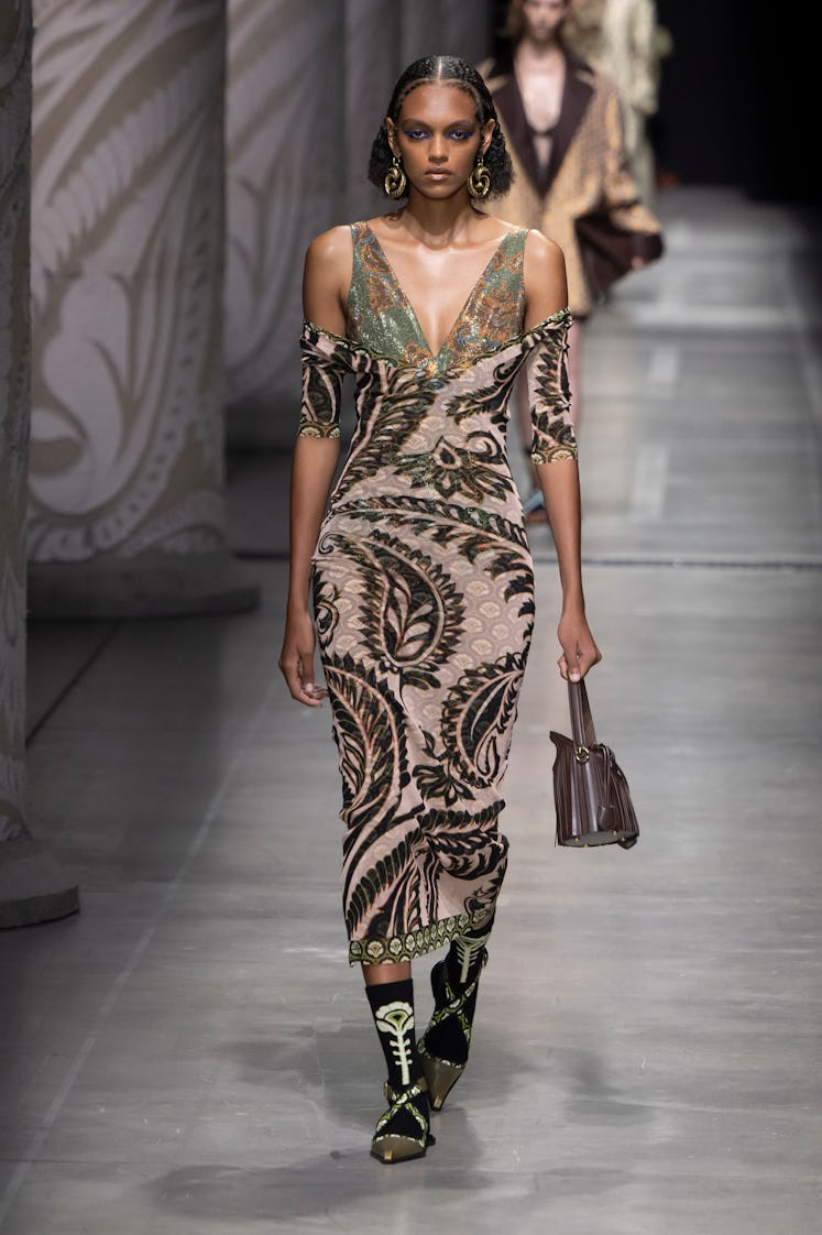 A model walks the runway during the Etro Ready to Wear Spring/Summer 2024 fashion show as part of th...