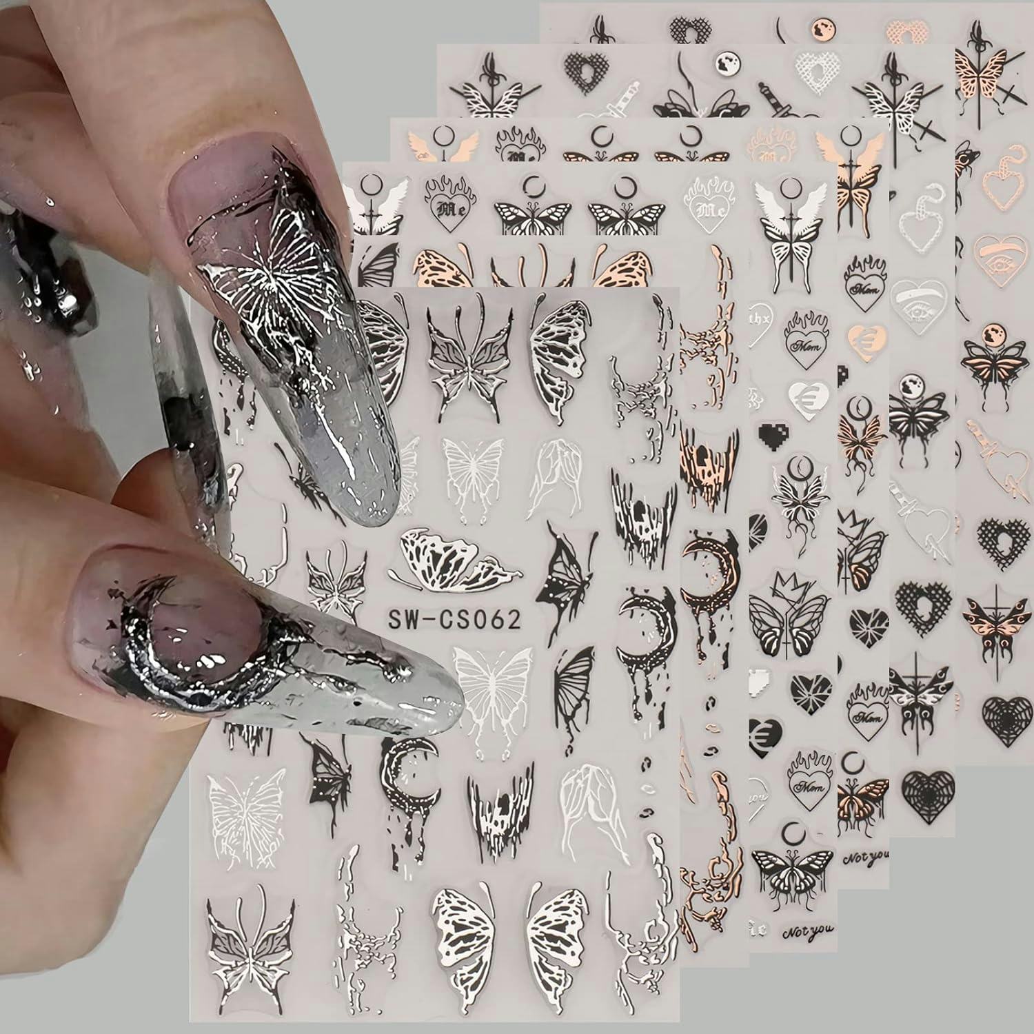 COKSDUPID 3D Self-Adhesive Butterfly Nail Decals, 6 Sheets