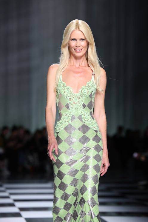 Claudia Schiffer walks the runway at the Versace fashion show during the Milan Fashion Week Womenswe...