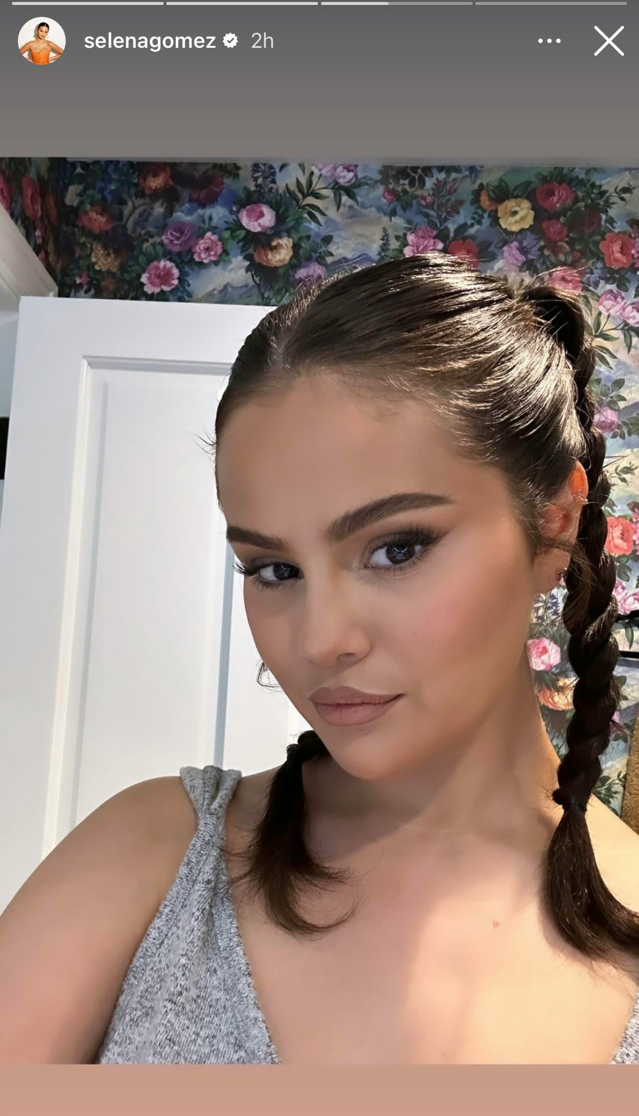 Selena Gomez&rsquo;s braided pigtails on her Instagram stories.