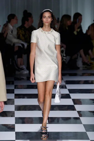 A model walks the runway at the Versace fashion show during the Milan Fashion Week Womenswear Spring...