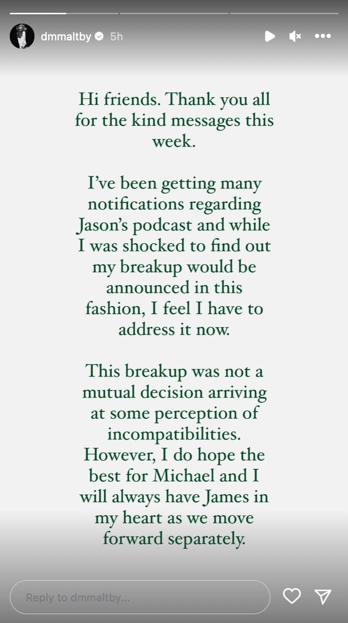 Danielle Maltby&rsquo;s Instagram story about her breakup with Michael Allio. Screenshot via Instagram