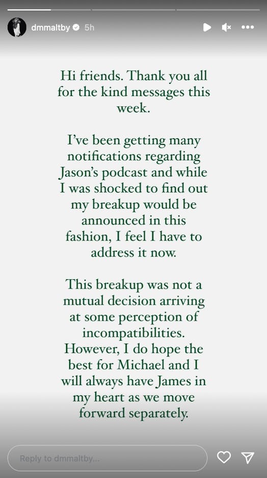 Danielle Maltby’s Instagram story about her breakup with Michael Allio. Screenshot via Instagram