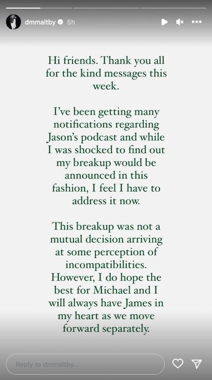 Danielle Maltby's Instagram story about her breakup with Michael Allio. Screenshot via Instagram