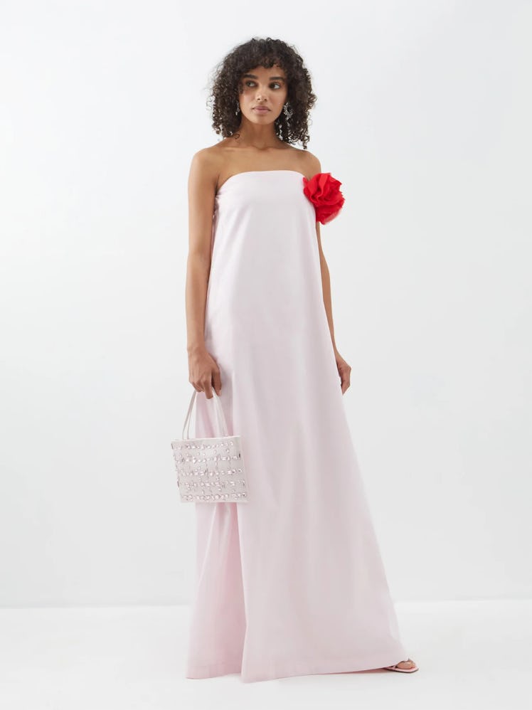 Karan Rose-Appliqué Cotton-Blend Gown