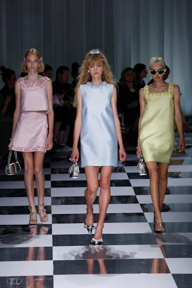 A model walks the runway at the Versace fashion show during the Milan Fashion Week Womenswear Spring...