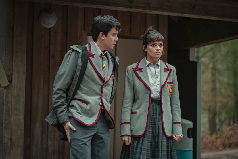Sex Education Season 3. Asa Butterfield as Otis Milburn, Emma Mackey as Maeve Wiley in Episode 5 of …