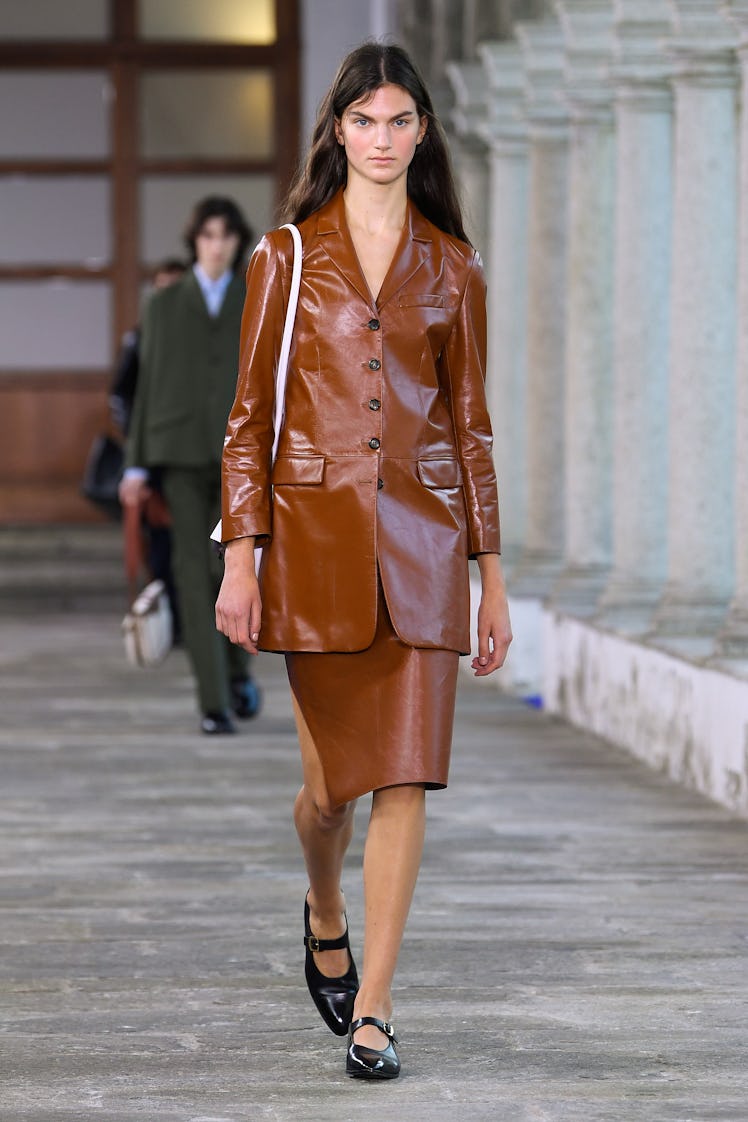 Model on the runway at the Bally Spring 2024 Ready To Wear Fashion Show on September 23, 2023 in Mil...