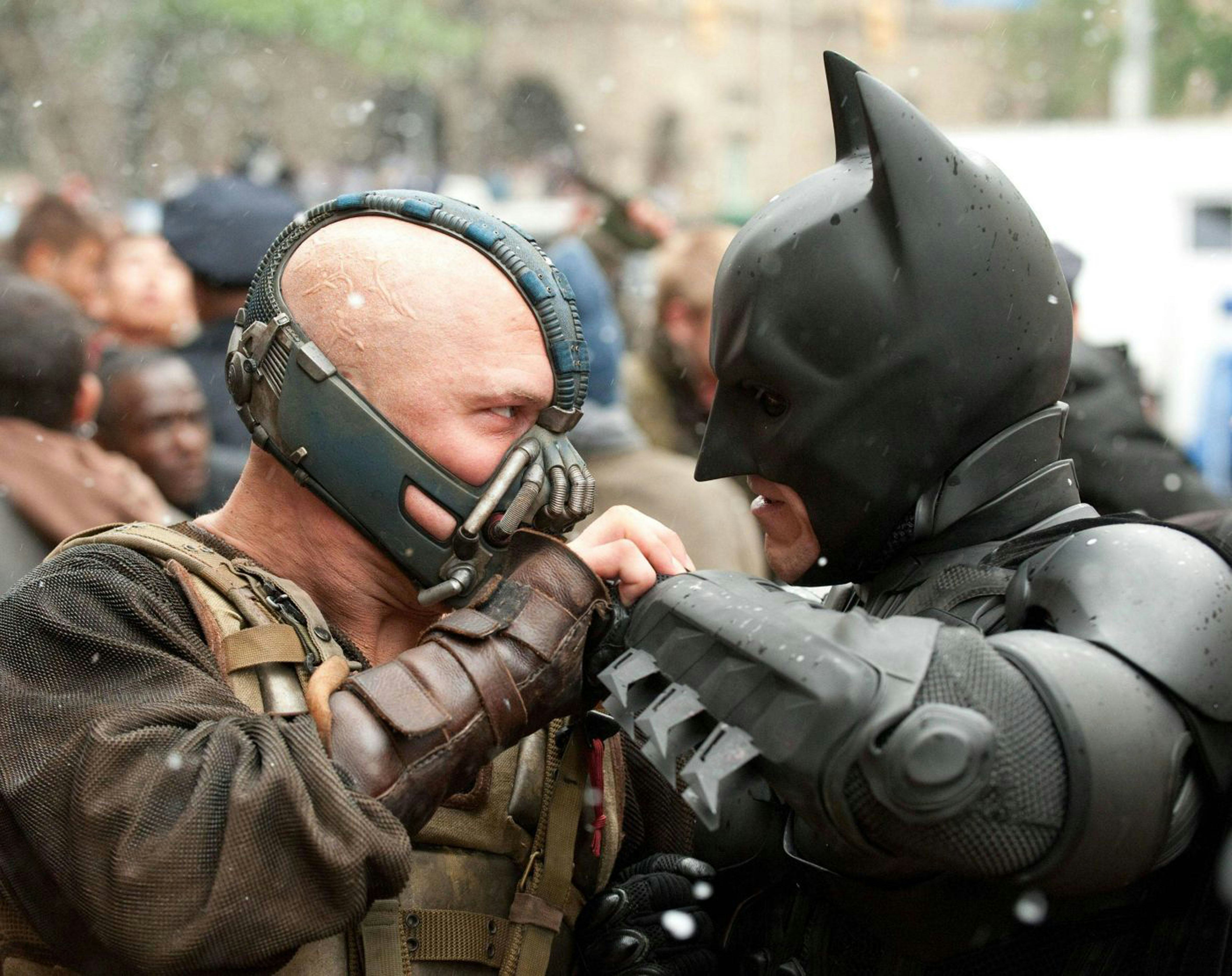 &lsquo;The Dark Knight Rises&rsquo; - Tom Hardy as Bane and Christian Bale as Batman.