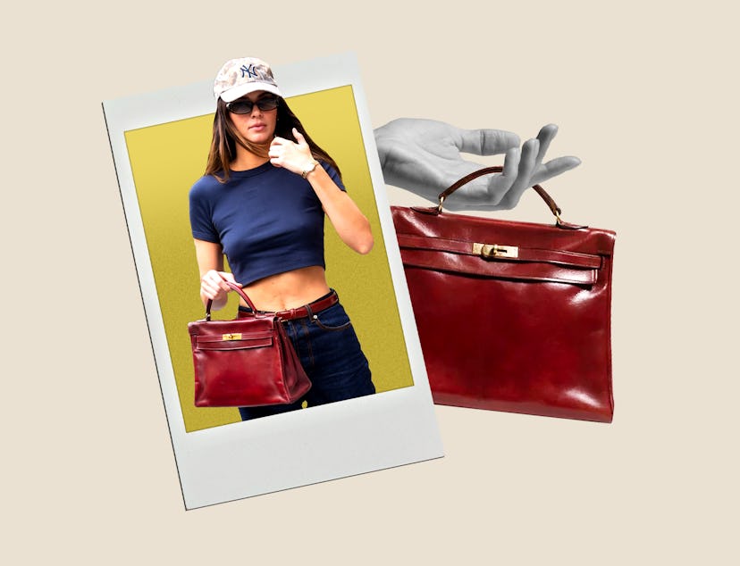 Kendall Jenner carries a burgundy leather Hermès Kelly bag. 