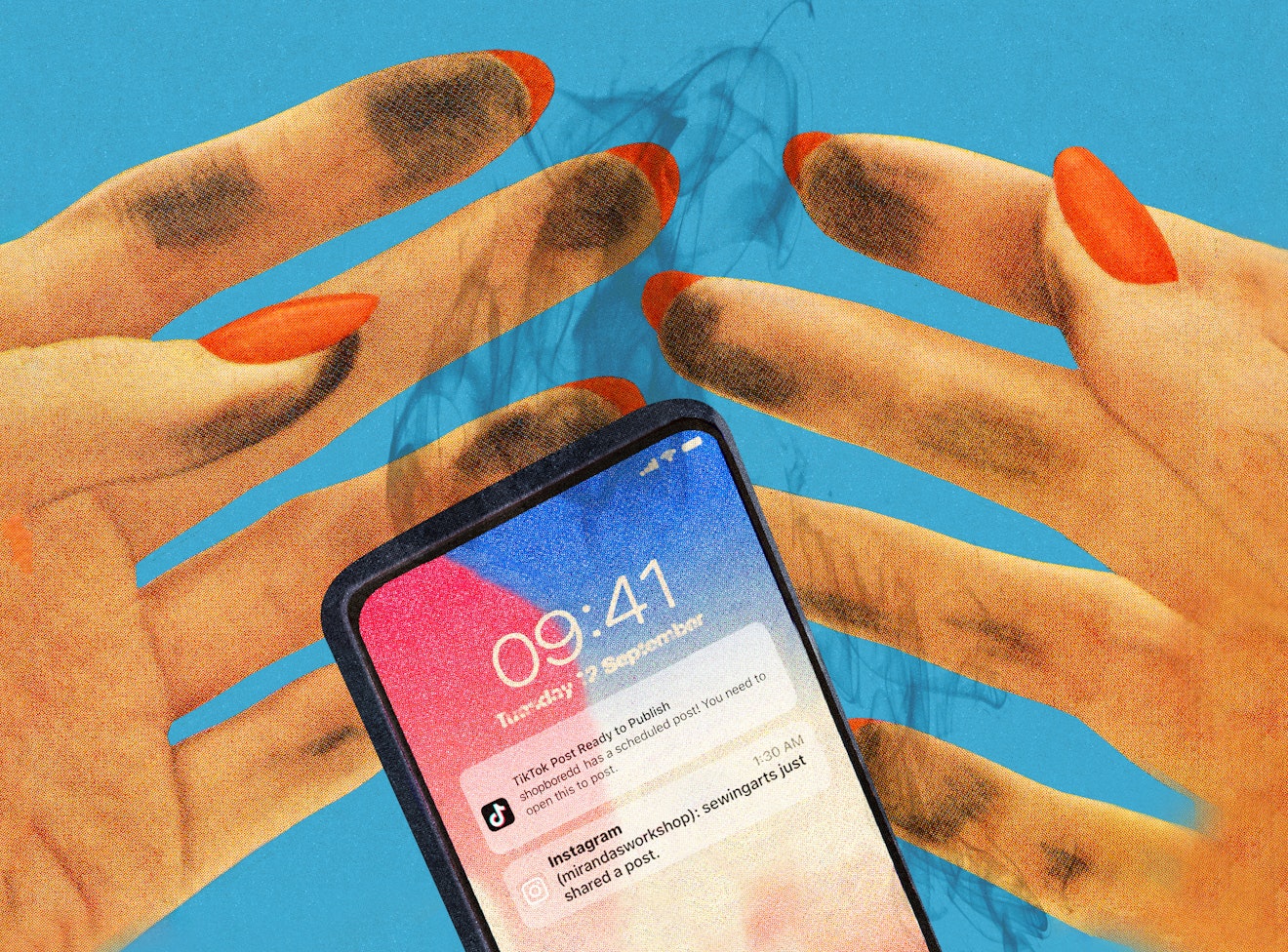 A phone is dropped as if on fire in this illustration.