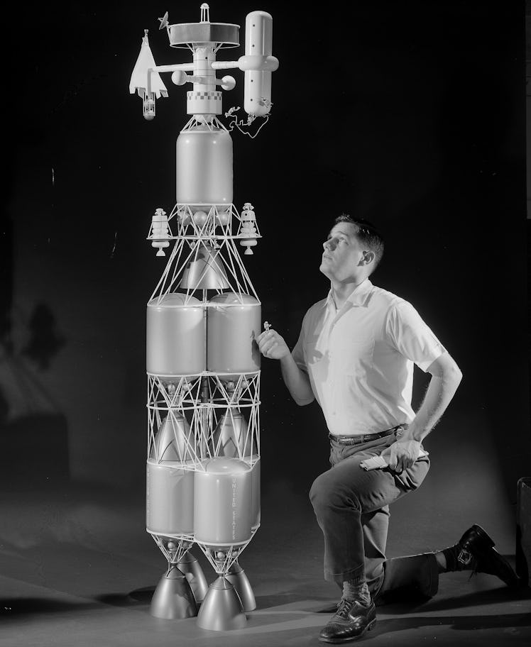 A 1964 nuclear rocket prototype where the crew would be housed in the upper stage with a heavily shi...