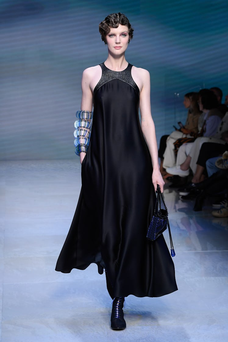 Model on the runway at the Giorgio Armani Spring 2024 Ready To Wear Runway Show on September 24, 202...