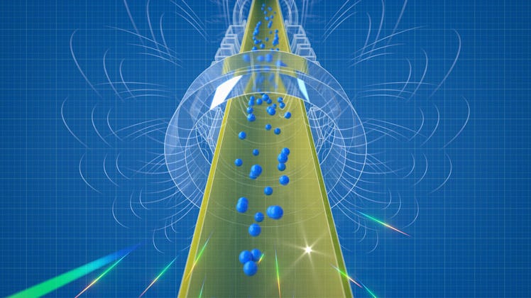 on a blue background, blue atoms fall through a cutaway of a yellow tube with magnetic field lines d...