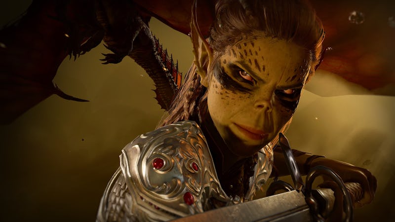 screenshot from Baldur's Gate 3 shows a close-up of the character lae'zel