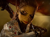 screenshot from Baldur's Gate 3 shows a close-up of the character lae'zel