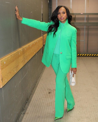 Kerry Washington gold nails with bright green suit