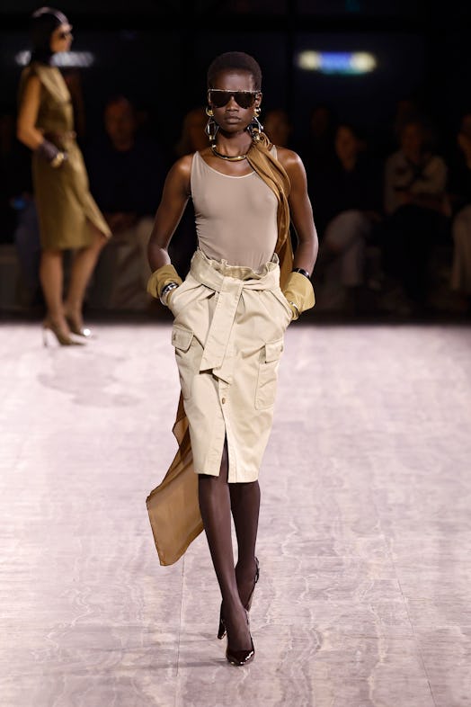 A model walks the runway during the Saint Laurent Womenswear Spring/Summer 2024 show as part of Pari...