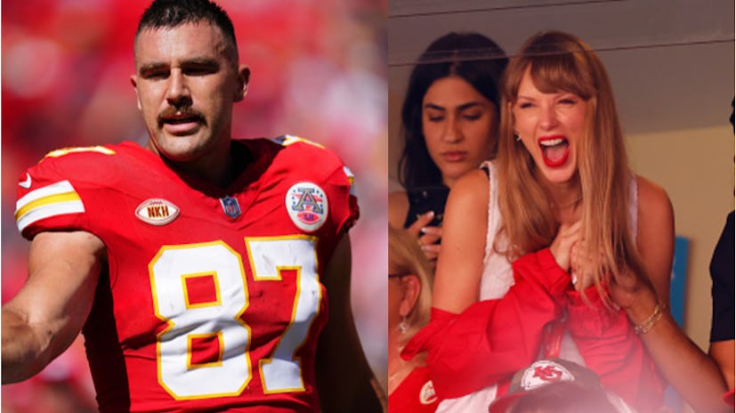 An image of Travis Kelce on the field at the Chief's game on 9/24 side by side with an image of Tayl...