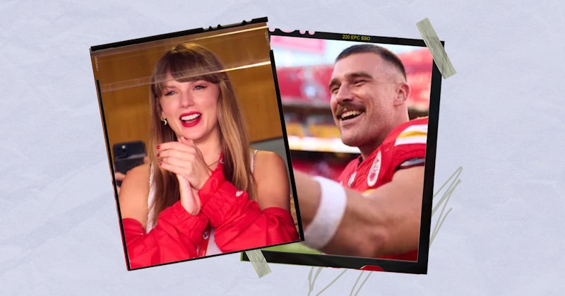 An image of Taylor Swift cheering on Travis Kelce during the game, collaged with a photo of Kelce on...