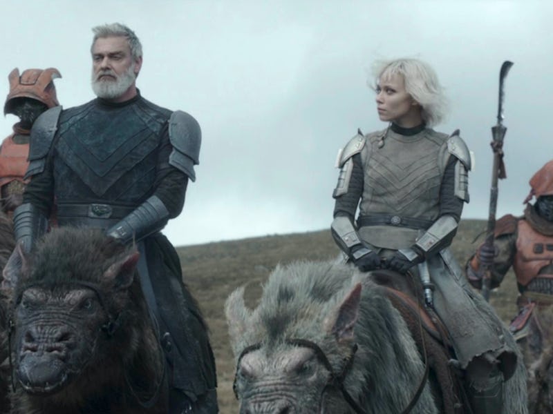 Baylan Skoll (Ray Stevenson) and Shin Hati (Ivanna Sakhno) ride alongside several local bandits in '...
