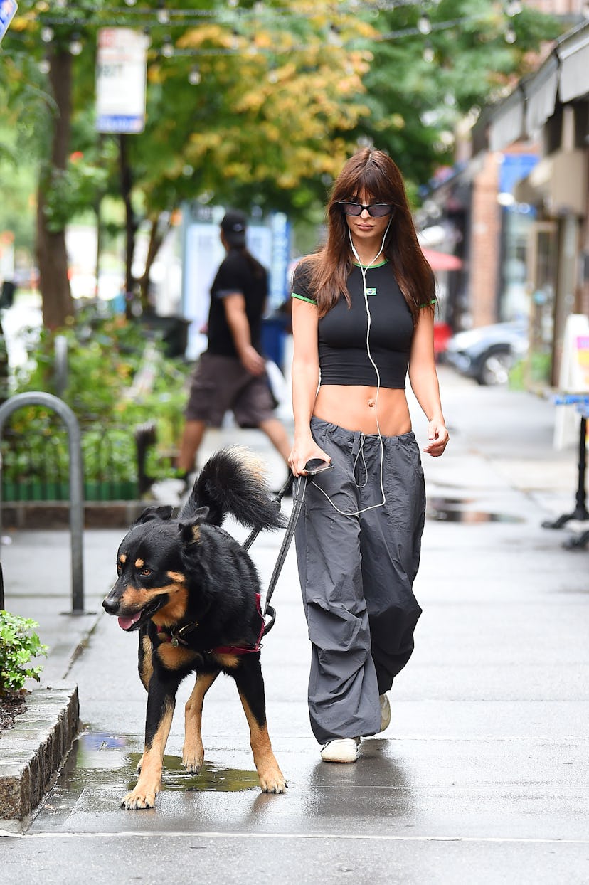 Emily Ratajkowski is seen taking her dog for a walk on August 30, 2023 in New York, New York.