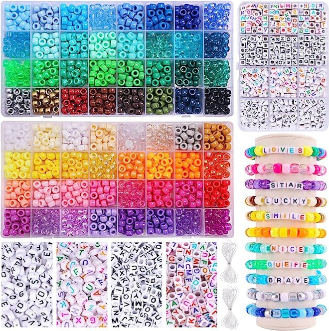 QUEFE 2350pcs, 64 Colors, Pony Beads for Bracelet Making Kit, Rainbow Craft Beads, Letter Beads and ...