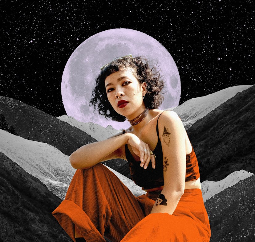 Young woman in front of a moon to show your October 2023 horoscope.